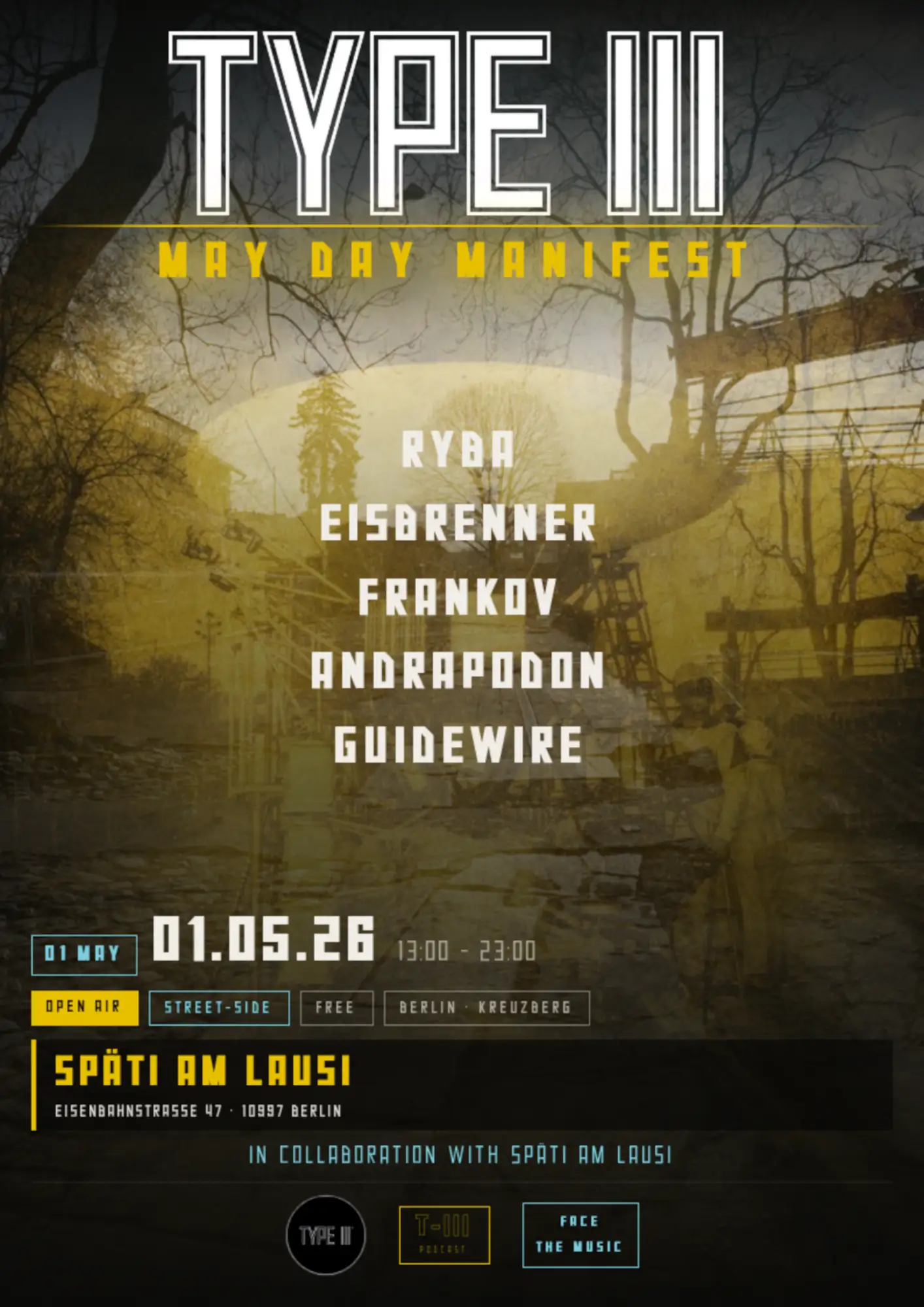 TYPE III event flyer for 28.03.25 featuring Augustus Williams, Ryba, Guidewire, Special Guest, and live visuals by Cinema.
