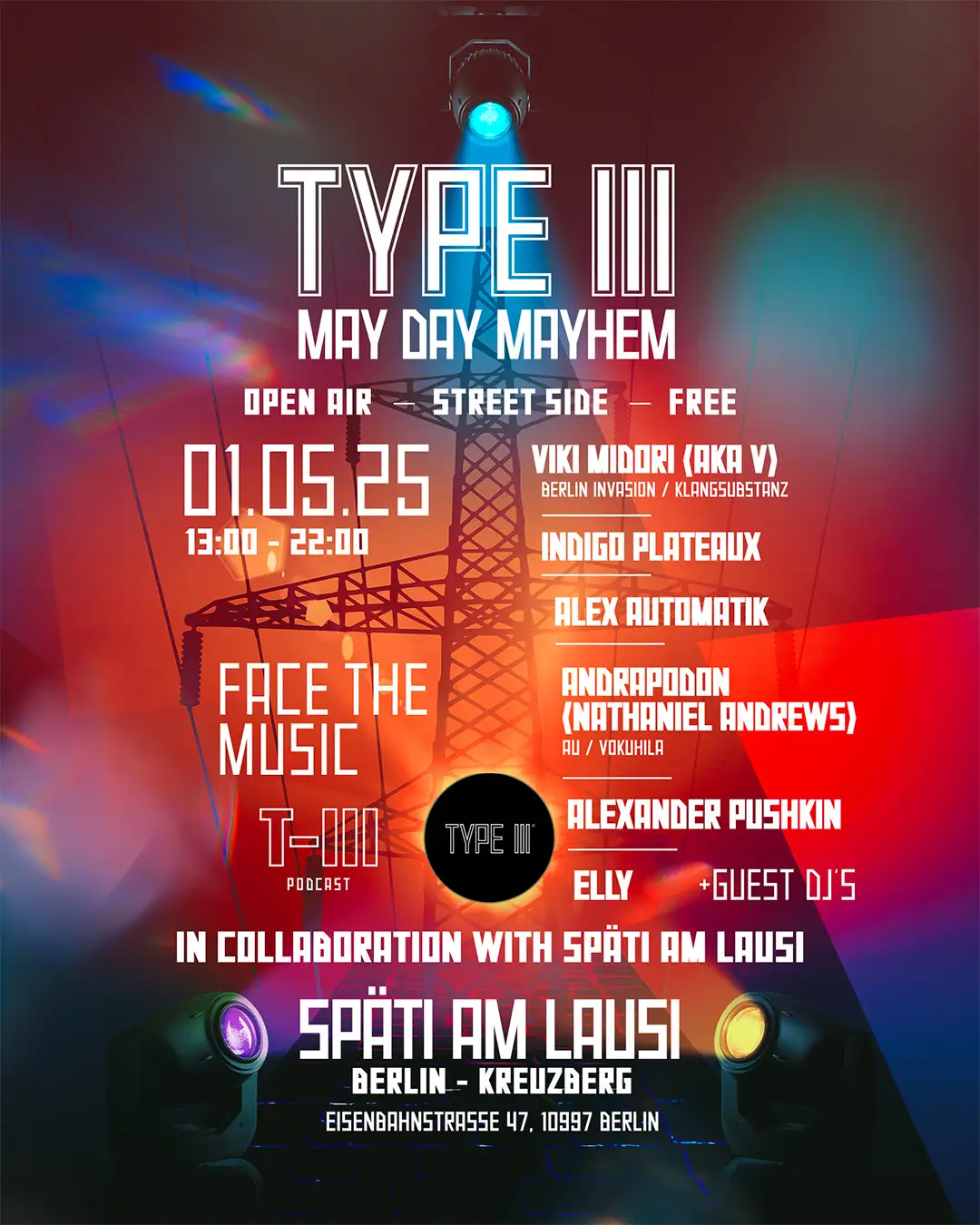 TYPE III May Day Mayhem flyer for 01.05.25 at Späti am Lausi in Berlin-Kreuzberg.