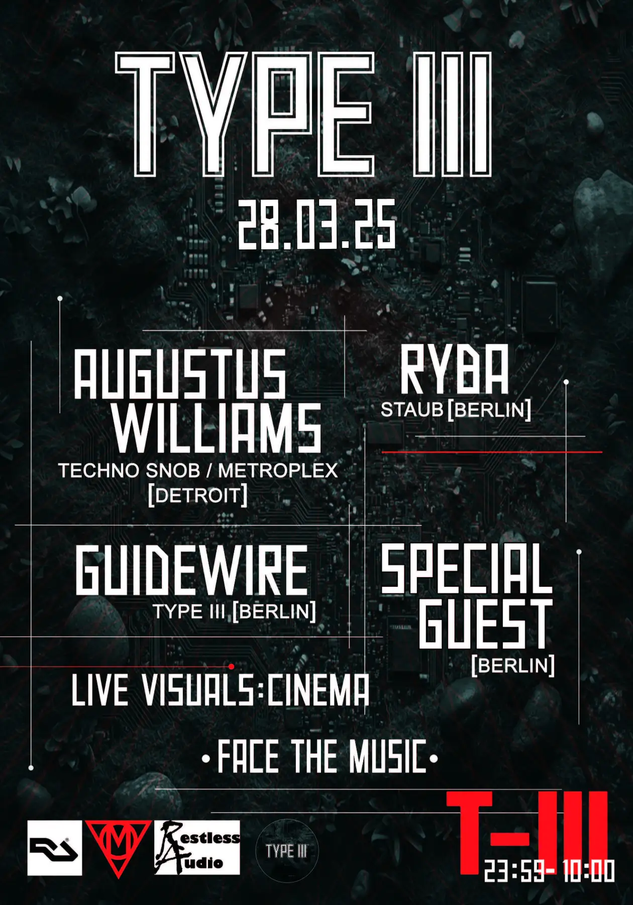TYPE III May Day Manifest flyer for 01.05.26 featuring Ryba, Eisbrenner, Frankov, Andrapodon, and Guidewire.